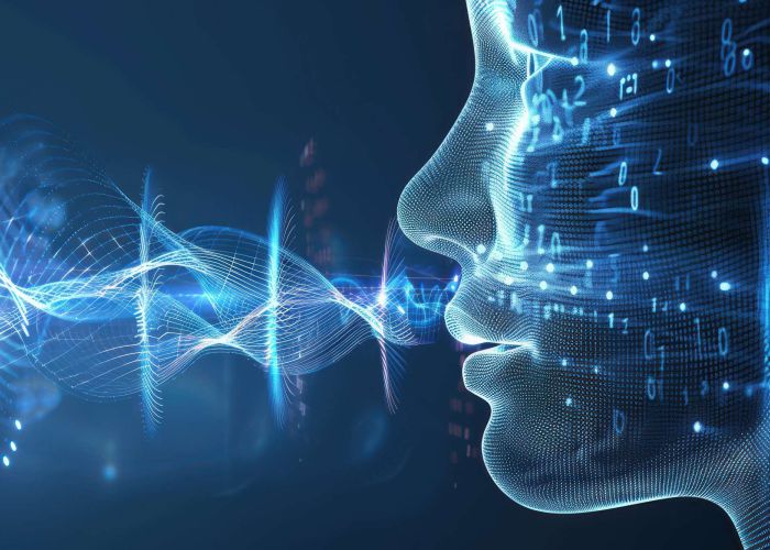 Digitale Darstellung eines Gesichts mit Datenströmen, Symbolbild für KI-gestützte Sprach- und Gesundheitsanalyse