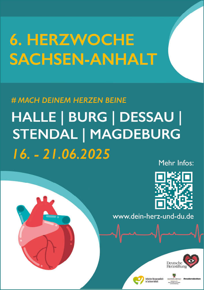 Plakat zur 6. Herzwoche Sachsen-Anhalt 2025 mit Veranstaltungsorten und Datum, Illustration eines Herzens