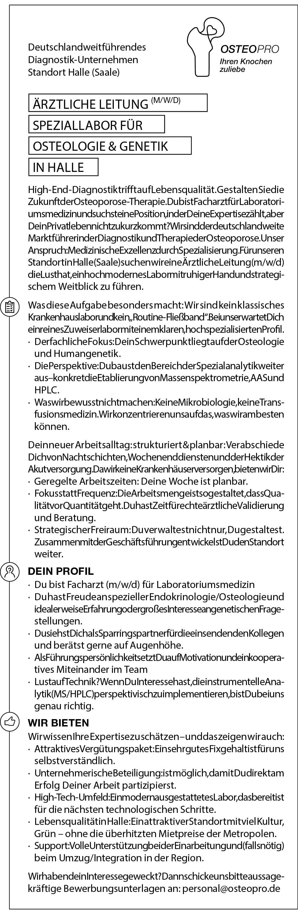 Stellenanzeige von OSTEO PRO: Gesucht wird ein Facharzt für Innere Medizin oder Allgemeinmedizin am Standort Halle.