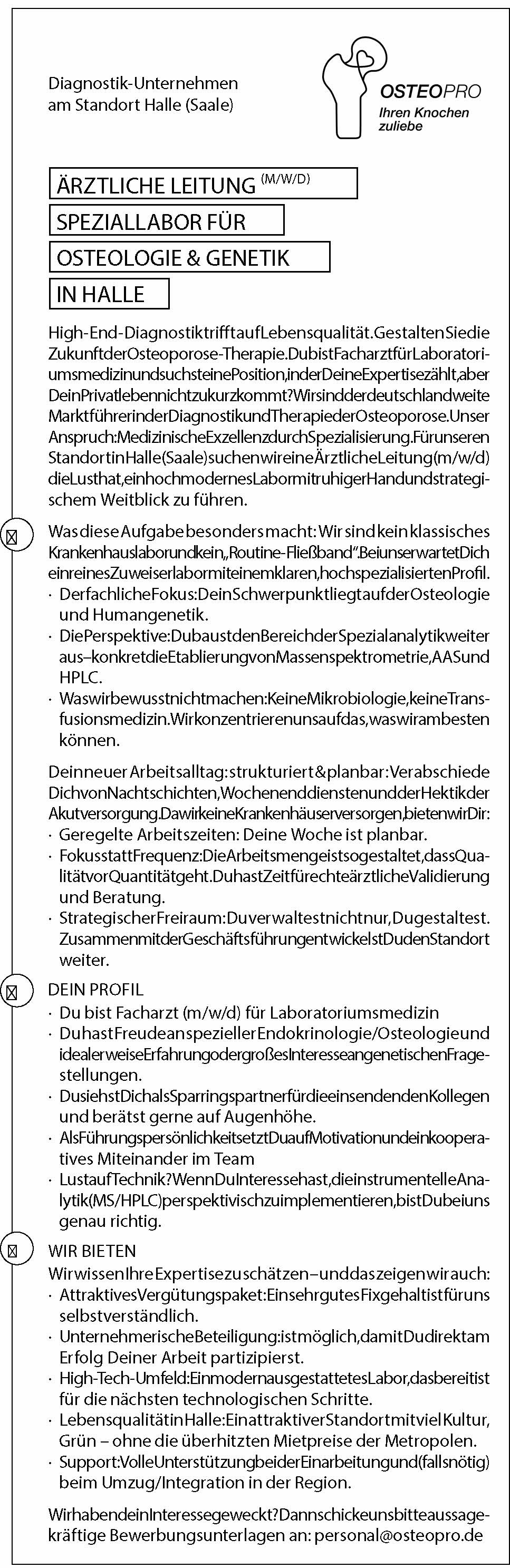 Stellenanzeige von OSTEO PRO: Gesucht wird ein Facharzt für Innere Medizin oder Allgemeinmedizin am Standort Halle.