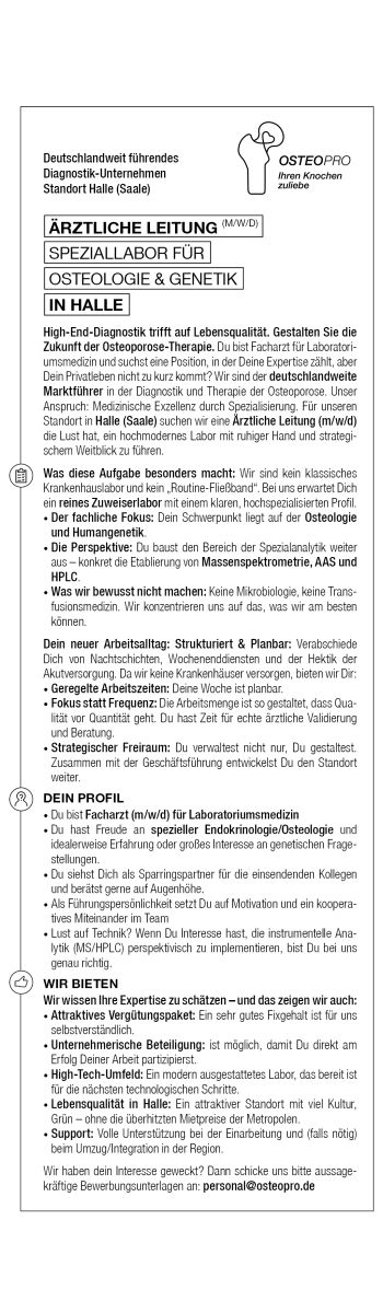 Stellenanzeige von OSTEO PRO: Gesucht wird ein Facharzt für Innere Medizin oder Allgemeinmedizin am Standort Halle.