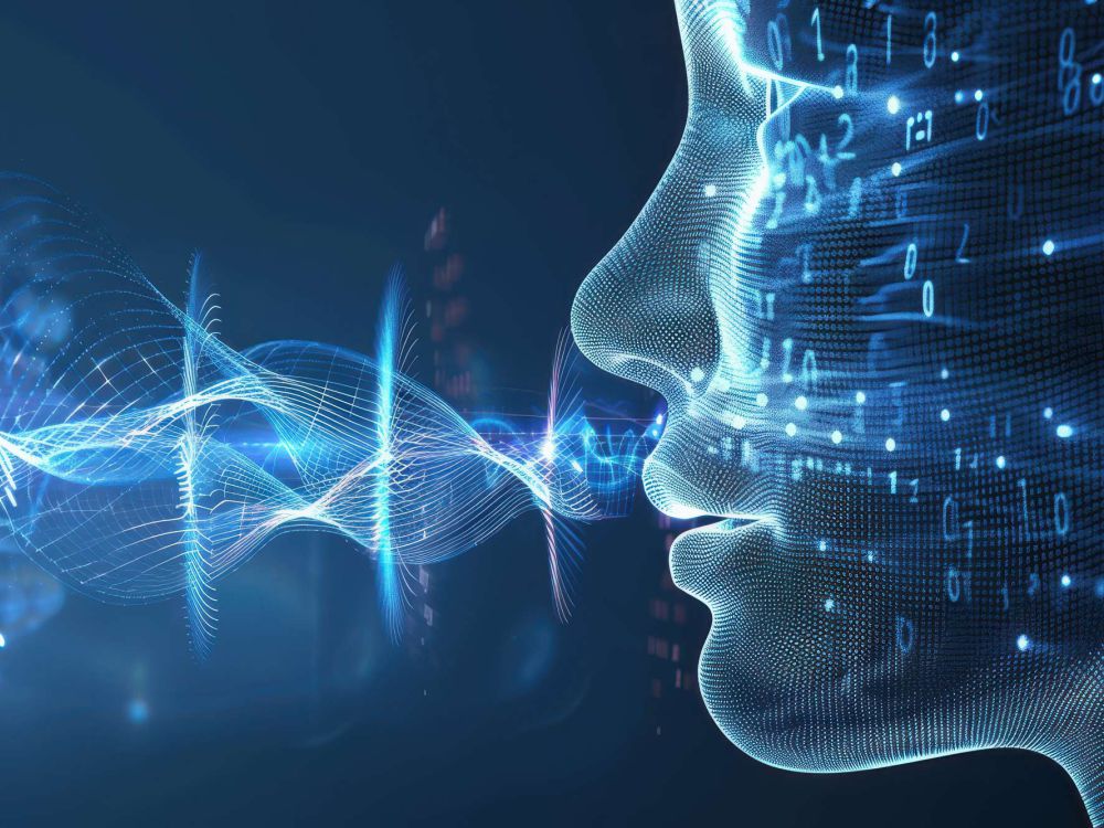 Digitale Darstellung eines Gesichts mit Datenströmen, Symbolbild für KI-gestützte Sprach- und Gesundheitsanalyse