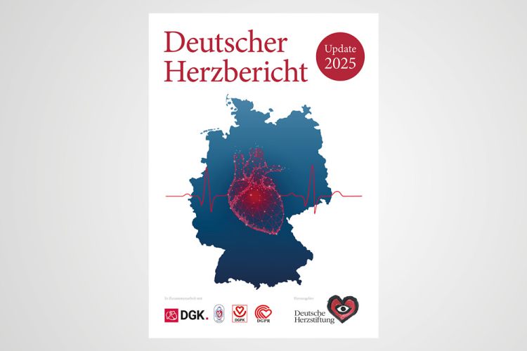 Titelgrafik des Deutschen Herzberichts 2025 mit Deutschlandkarte, Herzsymbol und roter EKG-Linie.