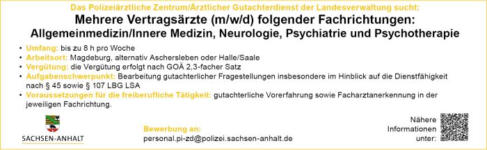 Werbeanzeige des Medizinischen Dienstes Sachsen-Anhalt mit Porträt einer Frau und Informationen zur Stellenausschreibung für Fachärzte.