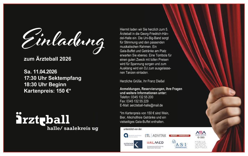 Einladung zum Ärzteball 2026 mit Datum, Uhrzeiten, Kartenpreis und Veranstaltungsdetails vor rotem Vorhangmotiv.