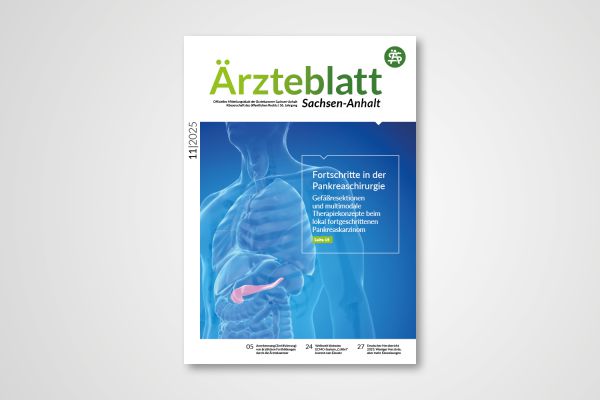 Titelblatt Ärzteblatt Sachsen-Anhalt 11/2025 mit Schwerpunkt Pankreaschirurgie und Grafik der Bauchspeicheldrüse.