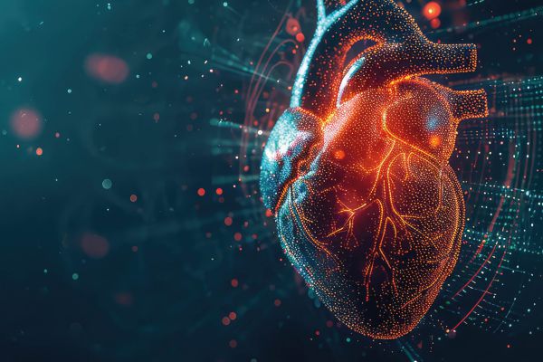 Abstrakte, digitale Darstellung eines menschlichen Herzens als Symbol für Herzfunktion, Kardiologie und moderne Medizin.