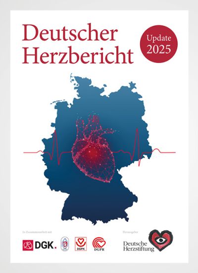 Titelgrafik des Deutschen Herzberichts 2025 mit Deutschlandkarte, Herzsymbol und roter EKG-Linie.