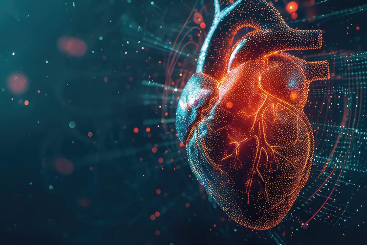 Abstrakte, digitale Darstellung eines menschlichen Herzens als Symbol für Herzfunktion, Kardiologie und moderne Medizin.