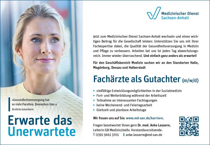 Werbeanzeige des Medizinischen Dienstes Sachsen-Anhalt mit Porträt einer Frau und Informationen zur Stellenausschreibung für Fachärzte.
