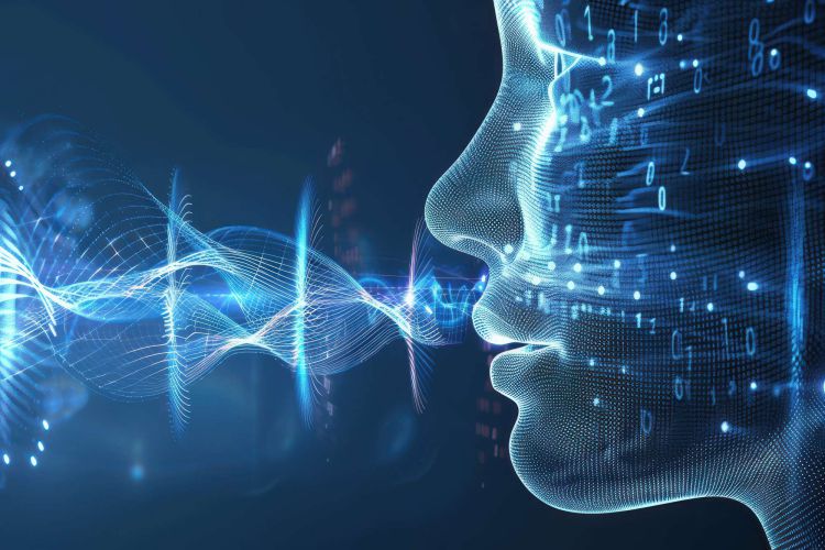 Digitale Darstellung eines Gesichts mit Datenströmen, Symbolbild für KI-gestützte Sprach- und Gesundheitsanalyse