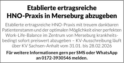 Anzeige zur Abgabe einer etablierten HNO-Praxis in Merseburg mit Hinweis auf KV-Ausschreibung und Kontaktangabe