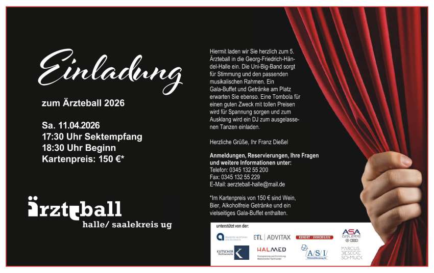 Einladung zum Ärzteball 2026 mit Datum, Uhrzeiten, Kartenpreis und Veranstaltungsdetails vor rotem Vorhangmotiv.