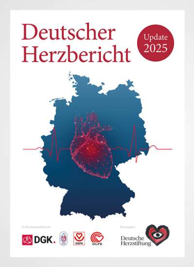 Titelgrafik des Deutschen Herzberichts 2025 mit Deutschlandkarte, Herzsymbol und roter EKG-Linie.