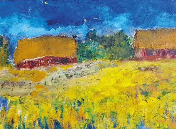 Farbenfrohes Landschaftsgemälde mit gelbem Feld, zwei Scheunen und blauem Himmel in pastosem, impressionistischem Stil.