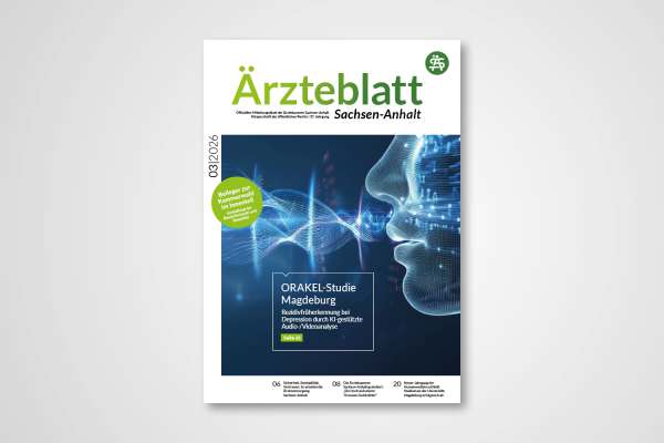 Titelbild Ärzteblatt Sachsen-Anhalt 01–02/2026 mit digital visualisiertem Herz zur interventionellen Mitralklappentherapie.