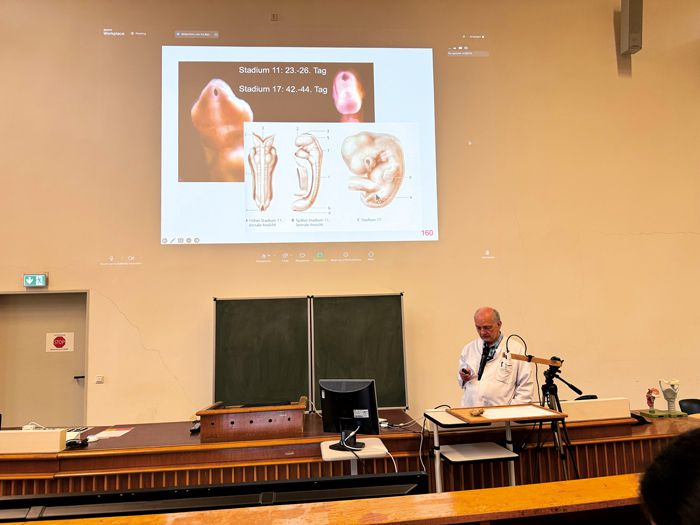 Medizinprofessor hält Vorlesung zur Embryonalentwicklung mit Projektion anatomischer Abbildungen im Hörsaal.