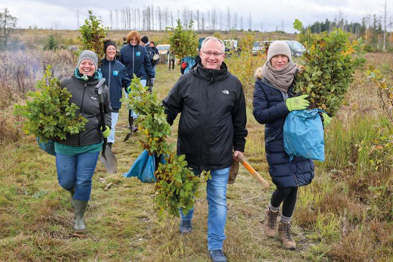 Teilnehmer einer Pflanzaktion tragen junge Bäume über eine Wiese, ausgerüstet mit Spaten und wetterfester Kleidung.