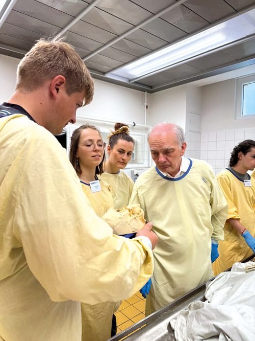 Medizinstudierende üben mit Präparat im Anatomiekurs unter Anleitung eines Professors im Lehrsaal.
