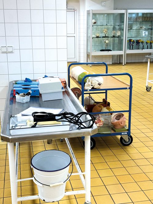 Anatomiesaal mit Präparaten, medizinischen Modellen und Instrumenten für die Ausbildung von Medizinstudenten..
