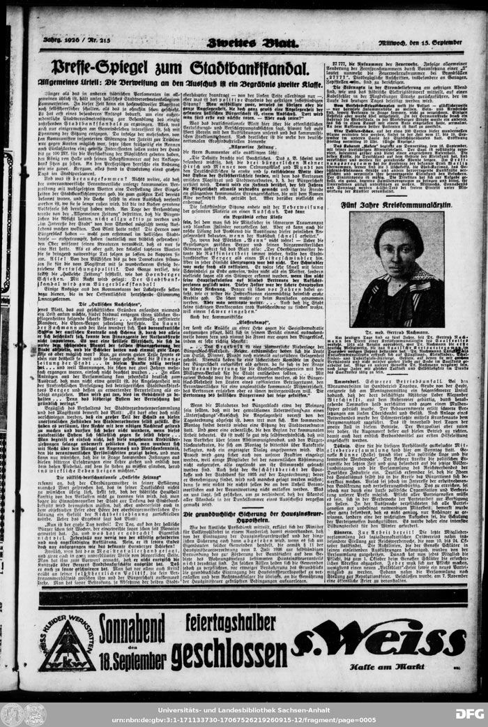Historische Zeitungsseite von 1926 mit Porträt von Dr. Gertrud Nachmann, erste Kreisärztin und Pionierin der Frauen in der Medizin.