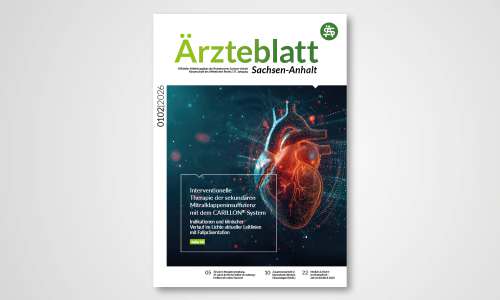 Titelseite Ärzteblatt Sachsen-Anhalt Ausgabe 01/02 2025 mit Trauermotiv und Kerzenmeer vor Kirchenportal