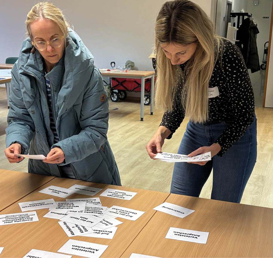 Teilnehmerinnen einer Fortbildung ordnen Karten mit Begriffen und Prioritäten im Rahmen einer gemeinsamen Übung.