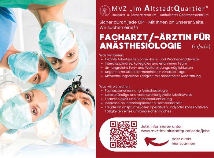 Anzeige eines MVZ: Anästhesieteam im OP blickt in Kamera, Stellenausschreibung für Facharzt/-ärztin Anästhesiologie.