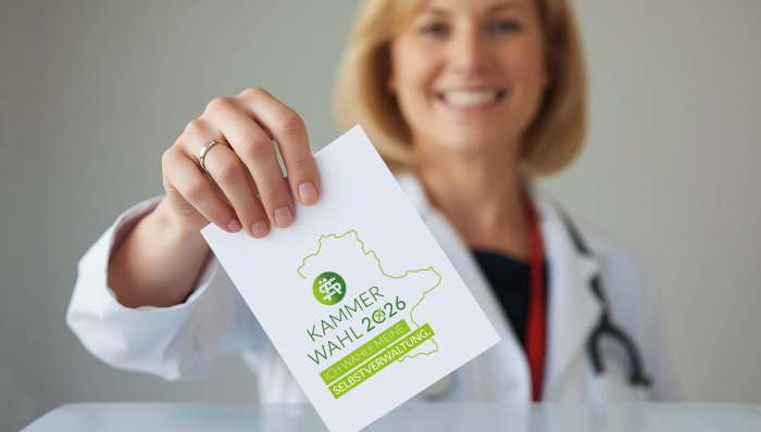 „Ärztin wirft Wahlunterlage mit Aufdruck ‚Kammerwahl 2026 – Ich wähle meine Selbstverwaltung‘ in eine Wahlurne.