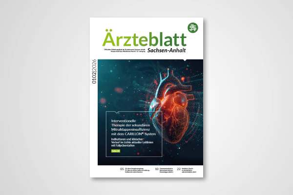 Titelbild Ärzteblatt Sachsen-Anhalt 01–02/2026 mit digital visualisiertem Herz zur interventionellen Mitralklappentherapie.