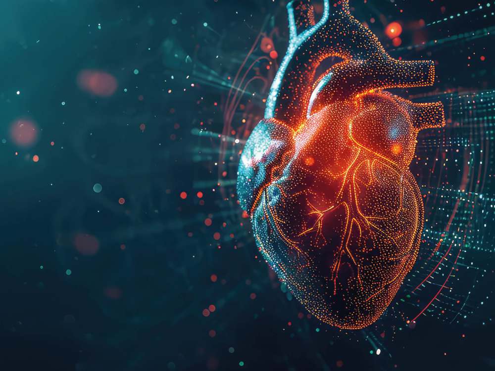 Abstrakte, digitale Darstellung eines menschlichen Herzens als Symbol für Herzfunktion, Kardiologie und moderne Medizin.
