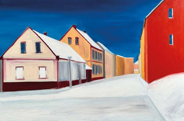 Gemaltes Winterstadtbild mit schneebedeckten Straßen und farbigen Häusern vor tiefblauem Himmel in klarer, reduzierter Form.