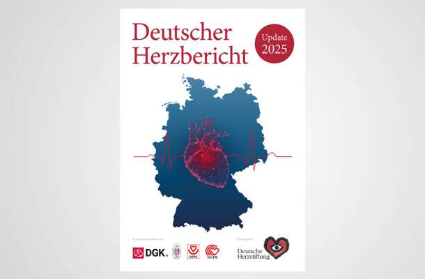 Titelgrafik des Deutschen Herzberichts 2025 mit Deutschlandkarte, Herzsymbol und roter EKG-Linie.