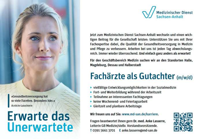 Werbeanzeige des Medizinischen Dienstes Sachsen-Anhalt mit Porträt einer Frau und Informationen zur Stellenausschreibung für Fachärzte.