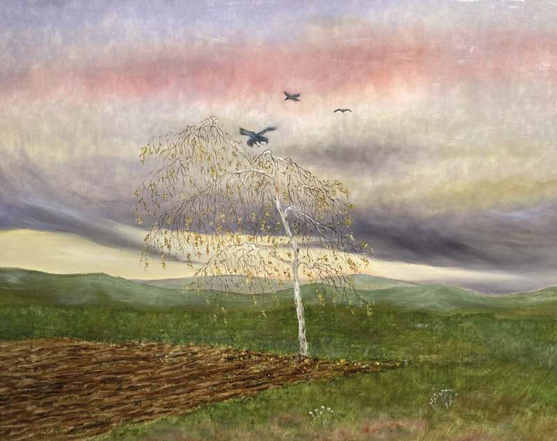 Gemälde „Einsame Birke im Herbst“ von Prof. Dr. Johannes Helm – herbstliche Landschaft mit Baum und fliegenden Vögeln.