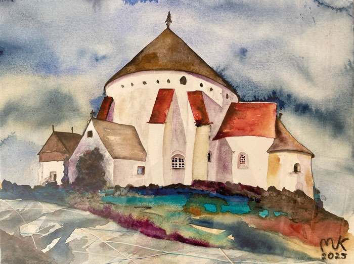 Aquarell einer historischen Rundkirche mit roten Dächern und markanter Kuppel vor dramatisch wolkigem Himmel.