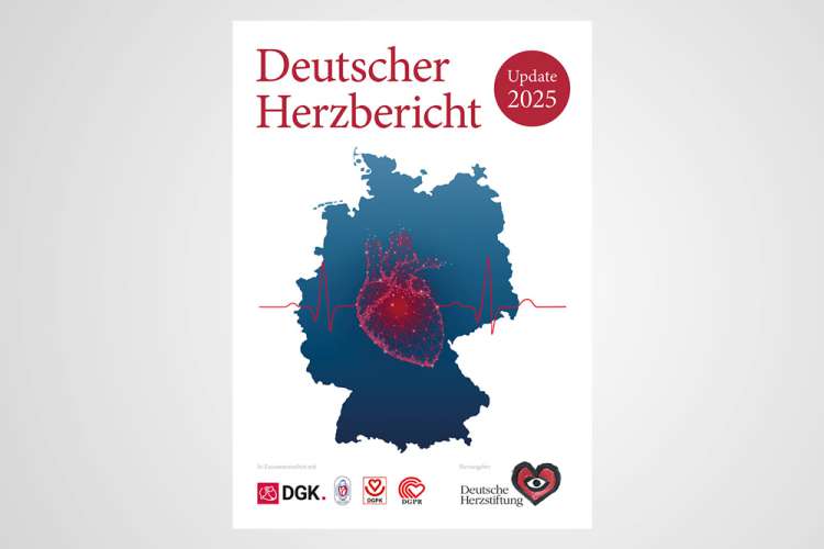 Titelgrafik des Deutschen Herzberichts 2025 mit Deutschlandkarte, Herzsymbol und roter EKG-Linie.