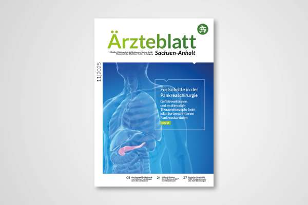 Titelblatt Ärzteblatt Sachsen-Anhalt 11/2025 mit Schwerpunkt Pankreaschirurgie und Grafik der Bauchspeicheldrüse.