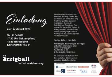 Einladung zum Ärzteball 2026 mit Datum, Uhrzeiten, Kartenpreis und Veranstaltungsdetails vor rotem Vorhangmotiv.