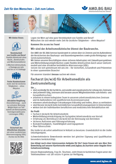 Stellenanzeige des AMD BG Bau: Facharzt für Arbeitsmedizin in Dessau gesucht, Infos zu Aufgaben, Profil, Vorteilen und Kontaktangaben.